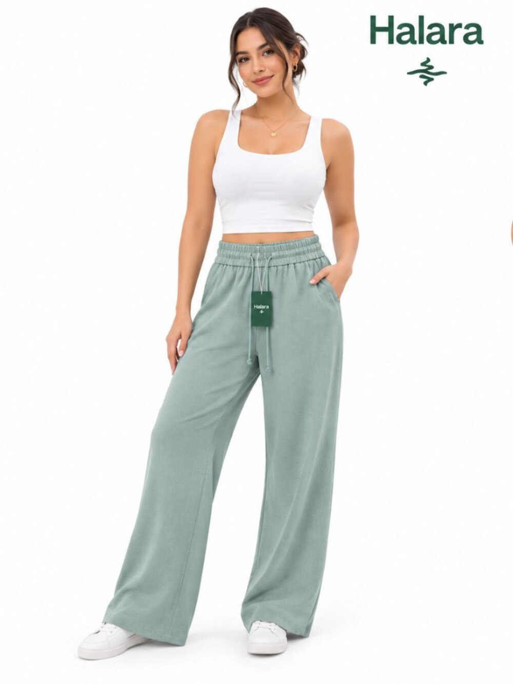 Halara Sage Green High Waisted Wide Leg Drawstring Lounge Pants Size S Tall